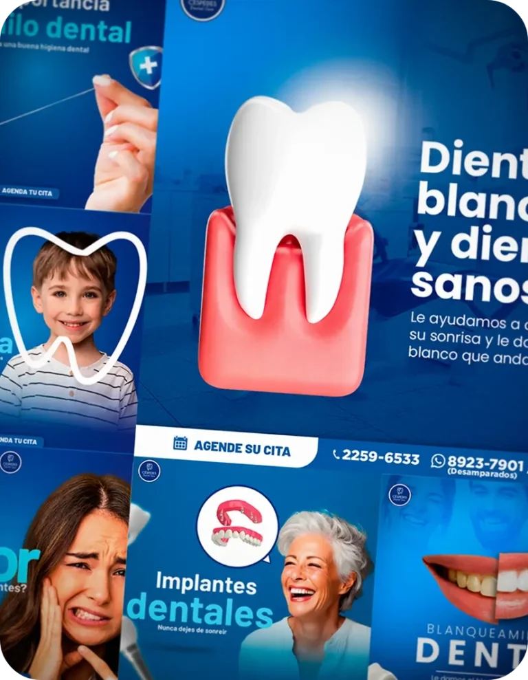 Diseño de contenido para redes sociales de clínica dental, con publicaciones sobre blanqueamiento, implantes y salud bucal, destacando sonrisas saludables y servicios odontológicos profesionales