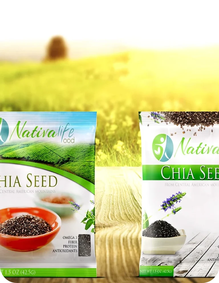 Diseño de empaque y etiquetas para productos alimenticios saludables, destacando semillas de chía con fondo natural de montañas y colores frescos que transmiten bienestar y pureza