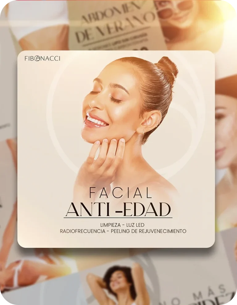 Diseño de publicación para redes sociales de centro estético, promocionando tratamiento facial anti-edad con luz LED, radiofrecuencia y peeling rejuvenecedor, destacando bienestar y cuidado de la piel