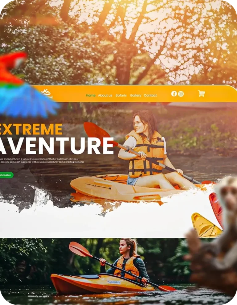 Diseño web profesional para empresa de turismo y aventuras, mostrando una página moderna con colores vibrantes y enfoque en experiencias extremas como kayak y rafting